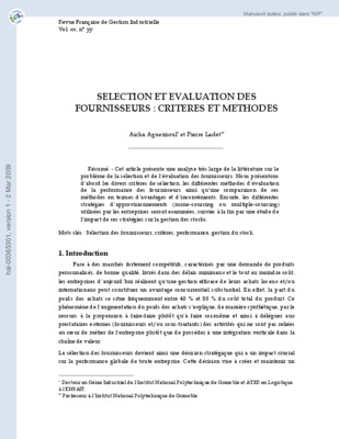 selection et evaluation des fournisseurs criteres et methodes Book