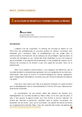 les facteurs de reussite du tourisme durable Book