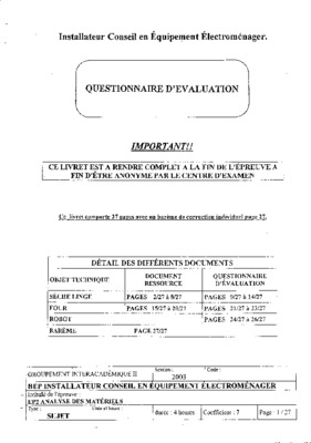 b e p instalateur conseil en equipement electromenager session 2001 cuisinaire artur martin Book