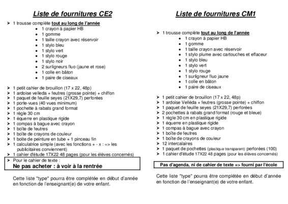 liste de fournitures Book